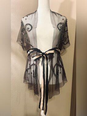 Rozae Nichols Sheer Beaded Evening Wrap Jacket Kimono Rare Small